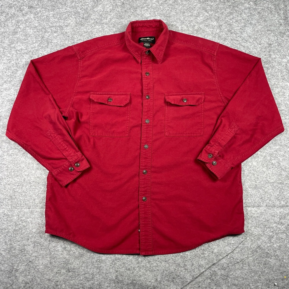 VTG Eddie Bauer Button Down Shirt Mens L Red Chamois Long Sleeve Twill Utility
